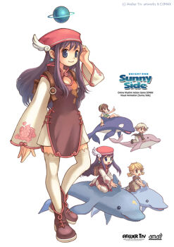 4girls archived_source artist_name backpack bag black_hair black_jacket black_shoes black_sleeves blonde_hair blue_eyes brown_bag brown_dress brown_hair brown_shoes china_dress chinese_clothes cleavage_cutout closed_mouth clothing_cutout coattails collared_dress commentary dated_commentary djmax dolphin dress earrings elara_(djmax) english_commentary english_text green_hairband hairband hat high_collar jacket jewelry lace lace-trimmed_thighhighs lace_trim long_hair long_sleeves low_twintails multiple_girls official_art pants pink_hat pink_trim planet planet_earrings planetary_ring print_dress print_sleeves riding riding_animal shoes short_dress short_hair sidelocks simple_background single_wing skirt smile solid_eyes song_name star_(symbol) sunny_side thighhighs tiv twintails whale white_background white_hair white_pants white_skirt white_sleeves white_thighhighs white_wings wide_sleeves winged_hat wings