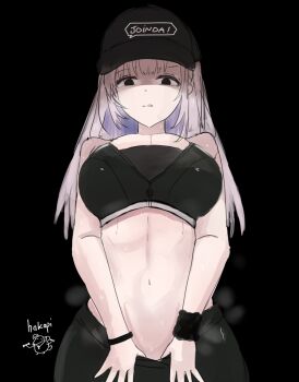 1girl abs breasts clothes_pull disgust groin hakapi_1 hat highres large_breasts pants pants_pull pavolia_reine sweat sweatdrop tagme