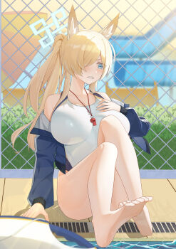 1girl absurdres animal_ear_fluff animal_ears barefoot blonde_hair blue_archive blue_eyes blue_halo blue_jacket breasts chain-link_fence competition_swimsuit covered_navel dog_ears dog_girl extra_ears fence hair_over_one_eye halo highleg highleg_one-piece_swimsuit highres jacket kanna_(blue_archive) kanna_(swimsuit)_(blue_archive) large_breasts long_hair looking_at_viewer looking_to_the_side notched_ear official_alternate_costume one-piece_swimsuit ponytail poolside sitting solo swimsuit weihahua whistle whistle_around_neck white_one-piece_swimsuit