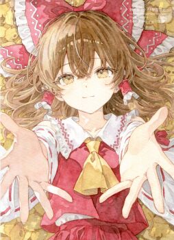 Rule 34 | 1girl, ascot, autumn leaves, bow, brown eyes, brown hair, collarbone, commentary, crossed bangs, frilled bow, frilled hair tubes, frills, hair between eyes, hair bow, hair tubes, hakurei reimu, highres, kisarush, leaf, looking at viewer, lying, nontraditional miko, on back, on ground, reaching, reaching towards viewer, red bow, red shirt, red skirt, ribbon-trimmed sleeves, ribbon trim, shirt, skirt, solo, symbol-only commentary, touhou, upper body, yellow ascot