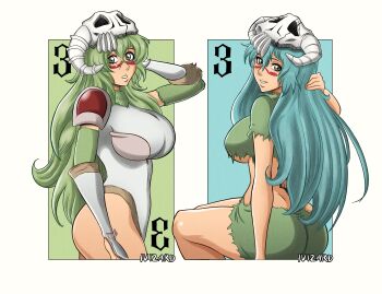 Rule 34 | absurdres, armor, back tattoo, bleach, bleach: sennen kessen-hen, breasts, elbow gloves, espada, facial mark, gloves, green hair, highres, ivizard art93, large breasts, long hair, mask, mask on head, midriff, nelliel tu odelschwanck, number tattoo, official alternate costume, parted lips, scar, scar on face, shiny skin, shoulder armor, simple background, sitting, skull on head, standing, tattoo, torn clothes, underboob, white background