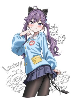 1girl absurdres ahoge animal_ear_hairband animal_ears ass_peek black_pantyhose blue_eyes blue_shirt blue_skirt blush braid breasts brown_pantyhose bug butterfly butterfly_hair_ornament buttons cat_ear_hairband cat_ears cat_tail closed_mouth commentary_request cropped_legs dot_nose english_text fake_animal_ears fake_tail finger_to_own_chin flower from_side gakuen_idolmaster hair_ornament hairband hand_up highres holding_own_skirt idolmaster insect kaya_rinha kindergarten_uniform long_hair long_sleeves looking_at_viewer looking_back medium_breasts miniskirt mole mole_on_neck pantyhose pleated_skirt purple_eyes purple_hair raised_inner_eyebrows rudee62421 shirt side_braid simple_background skirt smile smock solo sweat tail tsurime turning_head twintails white_background