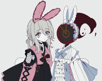 1girl 1other animal_ear_hairband animal_ears black_skirt chima_(clothes) clock clothing_cutout dante_(limbus_company) fake_animal_ears faust_(project_moon) fire fishnet_top fishnets flaming_head frilled_hairband frilled_skirt frills hairband hanbok korean_clothes limbus_company looking_at_viewer low_ponytail object_head pink_hanbok ponytail project_moon rabbit_ear_hairband rabbit_ears rodionlotte shoulder_cutout simple_background skirt white_background white_hair white_hanbok