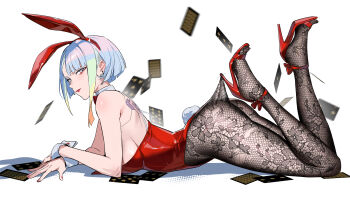 absurdres animal_ears ass bare_shoulders bigroll body_modification breasts card cyberpunk:_edgerunners cyberpunk_(series) cyborg eyeliner high_heels highres lace_pantyhose_hooked_on_heel_(meme) large_breasts lipstick looking_at_viewer lucy_(cyberpunk) lying makeup meme multicolored_hair on_stomach playboy_bunny rabbit_ears rabbit_tail short_hair sideboob simple_background strappy_heels tail tattoo