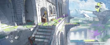 1girl absurdres artist_name asteroid_ill bird blonde_hair blue_sky bridge cloak cloud commentary fake_screenshot flower flower_pot highres holding holding_suitcase iris_(asteroid_ill) lizard long_hair minimap original red_eyes scenery sky smile solo stairs suitcase user_interface
