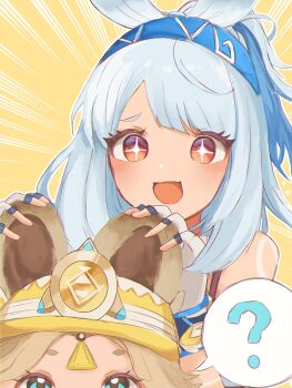 2girls ? blue_hair brown_eyes brown_hair chinchilla_ears chinchilla_girl commentary_request emphasis_lines genshin_impact gloves grabbing_another&#039;s_ear green_eyes hanada0086ad hand_on_another&#039;s_ear hat highres kachina_(genshin_impact) long_hair mualani_(genshin_impact) multiple_girls open_mouth sidelocks smile spoken_question_mark star-shaped_pupils star_(symbol) symbol-shaped_pupils thick_eyebrows white_gloves