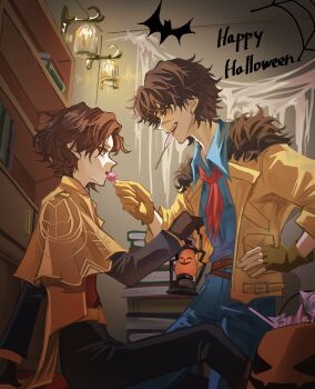 2boys asymmetrical_gloves belt black_gloves black_pants blue_overalls bookshelf brown_belt brown_hair c9ha3 candy capelet eye_contact feet_out_of_frame fingerless_gloves florian_brand florian_brand_(&quot;puffing&quot;) food fur-trimmed_jacket fur_trim gloves halloween_bucket happy_halloween highres holding holding_candy holding_food holding_lantern holding_lollipop identity_v jacket kneeling lantern lollipop lollipop_in_mouth looking_at_another male_focus matthias_czernin matthias_czernin_(philemon&#039;s_avatar) mismatched_gloves multiple_boys neckerchief official_alternate_costume overalls pants profile red_neckerchief red_vest scar scar_on_face sitting smile vest wavy_hair yaoi yellow_capelet yellow_eyes yellow_gloves yellow_jacket