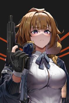 Rule 34 | 1girl, :<, black background, black gloves, blue jacket, blush, finger on trigger, fur-trimmed jacket, fur trim, girls' frontline, gloves, grizzly mkv (girls' frontline), gun, hanabusaraleigh, handgun, holding, holding gun, holding weapon, jacket, lar grizzly win mag, parody, partially fingerless gloves, purple eyes, raised eyebrow, short hair, simple background, solo, terminator (series), the terminator, upper body, weapon