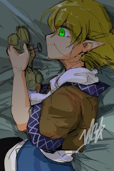 1girl black_skirt blonde_hair brown_shirt closed_mouth commentary_request doggo_1d34 doll green_eyes holding holding_doll lying mizuhashi_parsee on_side one-hour_drawing_challenge pointy_ears scarf shirt signature sketch skirt smile solo straw_doll touhou white_scarf