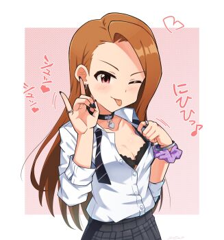 1girl :p asymmetrical_bangs bangle black_bow black_bowtie black_bra black_choker black_nails blush border bow bowtie bra bracelet breasts brown_hair choker cleavage collarbone collared_shirt concept_gyarus_(idolmaster) diagonal-striped_bow diagonal-striped_bowtie diagonal-striped_clothes dot_nose earrings fellatio_gesture forehead grey_skirt gyaru hands_up heart heart_choker highres idolmaster idolmaster_(classic) idolmaster_million_live! idolmaster_million_live!_theater_days jewelry kim_da-yoon lace lace-trimmed_bra lace_trim lingerie long_hair looking_at_viewer loose_bowtie m/ minase_iori official_alternate_costume one_eye_closed open_clothes open_collar open_shirt opened_by_self outside_border pink_background pink_scrunchie plaid_clothes plaid_skirt pleated_skirt school_uniform scrunchie seductive_smile shirt silver_bangle silver_bracelet silver_ring single_sidelock skirt sleeves_rolled_up smile solo sound_effects straight-on striped_bow striped_bowtie striped_clothes swept_bangs tongue tongue_out translation_request underwear upper_body white_border white_shirt wrist_scrunchie