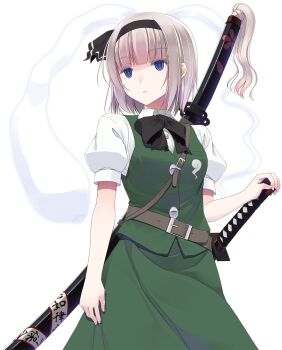 Rule 34 | 1girl, arm at side, belt, belt buckle, black bow, black bowtie, black hairband, black ribbon, blue eyes, blunt bangs, bow, bowtie, buckle, buttons, commentary request, cowboy shot, crote, eyelashes, furrowed brow, green skirt, green vest, hair ribbon, hairband, highres, katana, konpaku youmu, konpaku youmu (ghost), large variant set, medium skirt, puffy short sleeves, puffy sleeves, ribbon, sheath, sheathed, shirt, short hair, short sleeves, skirt, solo, standing, sword, sword on back, touhou, transparent background, variant set, vest, weapon, weapon on back, white hair, white shirt