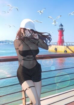 1girl absurdres arm_strap bag bandeau baseball_cap bird black_bandeau black_hair black_shirt black_shorts blue_sky breasts brown_eyes brown_hair chinese_commentary clear_sky closed_mouth commentary_request day earrings feet_out_of_frame floating_hair glint hair_between_eyes hat highres hoop_earrings hua-j jewelry large_breasts legs_together lens_flare lighthouse long_hair long_sleeves looking_at_viewer mole mole_under_mouth navel o-ring o-ring_thigh_strap ocean original outdoors railing seagull see-through_clothes see-through_shirt shirt shorts shoulder_bag skindentation sky solo standing thigh_strap water white_hat