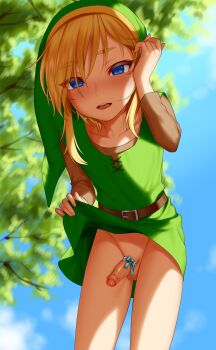 1boy absurdres belt blonde_hair blue_bow blue_eyes blue_sky blush bottomless bow branch brown_belt brown_shirt clothes_lift cloud collarbone day elf eyebrows eyelashes feet_out_of_frame foreskin green_hat hair_between_eyes hand_on_own_face happy hat highres lifting_own_clothes link long_sleeves looking_at_viewer male_focus meimone nintendo open_mouth outdoors penis penis_ribbon phimosis phrygian_cap pointy_ears ribbon shade shaded_face shirt shirt_lift shota sidelocks sky small_penis solo teeth testicles the_legend_of_zelda tied_penis tongue trap tree tree_shade tunic uncensored upper_teeth_only young_link