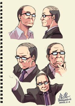 Rule 34 | 1boy, akuyaku reijou tensei ojisan, artist name, balding, black suit, blue necktie, dated, formal clothes, glasses, grey hair, highres, mimiyama kiichi, multiple views, necktie, old, old man, profile, shirt, sketch, smile, solo, suit, tondabayashi kenzaburou, white shirt