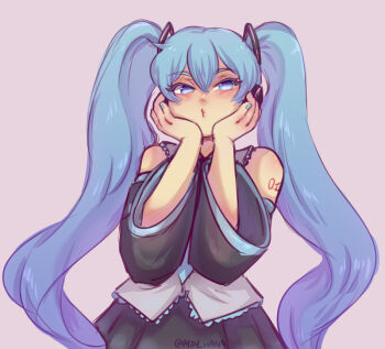 1404_hana 1girl black_skirt blue_eyes blue_hair blue_nails blue_necktie detached_sleeves double-parted_bangs eyelashes frilled_shirt frills hair_between_eyes hair_ornament hands_on_own_cheeks hands_on_own_face hatsune_miku headphones necktie number_tattoo o3o shirt skirt sparkling_eyes tattoo twintails twitter_username vocaloid