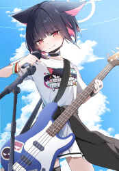 Rule 34 | 1girl, absurdres, animal ears, bass guitar, black hair, black jacket, black mask, blue archive, blue sky, cat ears, cat girl, clothes around waist, clothes writing, cloud, colored inner hair, day, fender jazz bass, futagoma, halo, highres, holding, holding instrument, holding microphone, instrument, jacket, jacket around waist, kazusa (band) (blue archive), kazusa (blue archive), looking at viewer, mask, mask pull, microphone, mouth mask, multicolored hair, official alternate costume, outdoors, pink hair, red eyes, shirt, skirt, sky, smile, solo, t-shirt, two-tone hair, white halo, white shirt, white skirt