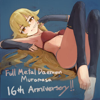 1girl :q absurdres anniversary ashikaga_chachamaru black_gloves black_thighhighs blonde_hair blue_background bra breasts brown_eyes commentary copyright_name crossed_bangs elbow_gloves feet fingerless_gloves gloves hair_between_eyes hair_flaps highres legs long_hair looking_at_viewer lying medium_breasts no_shoes on_back panties red_bra solo soukou_akki_muramasa spp5566 stirrup_legwear thighhighs thighs toeless_legwear toes tongue tongue_out underwear very_long_hair white_panties yellow_eyes