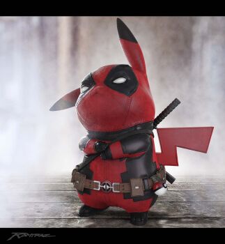 3d belt black_gloves clothed_pokemon cosplay costume creature deadpool deadpool_(cosplay) deadpool_(series) gen_1_pokemon gloves highres letterboxed marvel nintendo no_humans pikachu poke_ball poke_ball_(basic) pokemon pokemon_(creature) rallp_andres ryan_reynolds sheath sheathed signature solo standing sword voice_actor_connection weapon wooden_floor