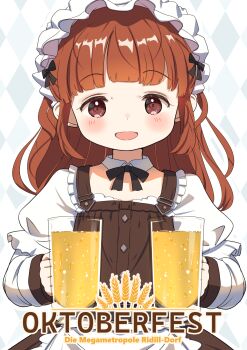 Rule 34 | 1girl, alcohol, argyle background, beer, beer mug, brown eyes, brown hair, commentary request, cup, german text, highres, holding, holding cup, long hair, long sleeves, mug, open mouth, original, shelldy, simple background, smile, solo, straight-on, translation request, white background