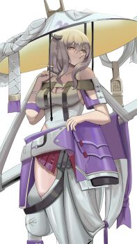 1girl absurdres armor bodysuit breasts clothing_cutout goddess_of_victory:_nikke grey_hair hair_ornament hair_stick hat highres hip_armor japanese_armor jingasa kote large_breasts large_hat leotard long_hair minji_(jimin10804) mouth_hold scarlet_(nikke) shoulder_armor sode solo sword weapon white_bodysuit white_leotard yellow_eyes