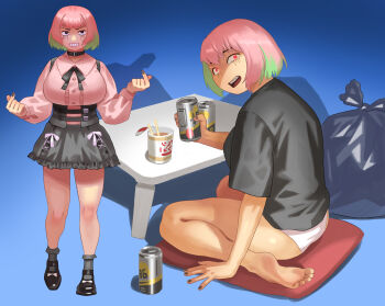1girl beer_can black_collar black_shirt black_shoes black_skirt black_socks breasts can chopsticks collar commentary_request drink_can green_hair grin highres huge_breasts instant_cup_noodles jirai_kei long_sleeves looking_at_viewer miniskirt multicolored_hair narisokonai open_mouth original panties pillow pink_hair pink_shirt puffy_long_sleeves puffy_sleeves red_eyes shirt shoes short_hair sitting skirt smile socks t-shirt trash_bag two-tone_hair underwear wariza white_panties