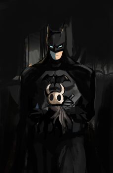 1boy 1other absurdres batman batman_(series) batman_symbol black_cape black_theme bodysuit cape closed_mouth commentary cowl crossover dc_comics emptiart english_commentary frown highres holding hollow_knight horns knight_(hollow_knight) long_sleeves male_focus standing superhero_costume weapon weapon_on_back