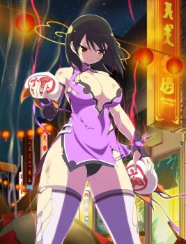 1girl after_battle alternate_hairstyle architecture arm_guards armor ass aura battle_damage black_hair black_panties blush bomb breasts broken_glass broken_window brown_eyes bruise bruise_on_arm bruise_on_chest bruise_on_face bruise_on_leg building bun_(food) china_dress chinese_clothes cityscape cleavage cleavage_cutout closed_mouth clothing_cutout curvy dress east_asian_architecture energy explosive fishnet_sleeves fishnets food from_below game_cg glass gluteal_fold groin_tendon hair_down holding holding_bomb holding_food injury japanese_armor kote kurokote lantern large_breasts looking_to_the_side medium_hair meimei_(senran_kagura) neon_lights night official_alternate_costume official_alternate_hairstyle official_art panties pantyshot paper_lantern purple_dress purple_ribbon ribbon scuffed senran_kagura senran_kagura_new_wave shop short_hair sky smile smirk smoke smoke_trail solo star_(sky) starry_sky steamed_bun storefront tassel thick_thighs thighhighs thighs torn_clothes torn_dress torn_thighhighs translation_request underwear v-shaped_eyebrows white_thighhighs wide_hips