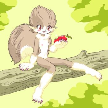 1girl animal_ears animal_hands barefoot blush breasts feet female_focus furry furry_female nature nipples nude outdoors pukao simple_background sitting sitting_on_branch small_breasts smile solo tail toes