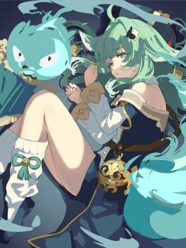 1girl aktkskr bare_legs bare_shoulders bell commentary_request green_eyes green_hair hair_between_eyes highres honkai:_star_rail honkai_(series) huohuo_(honkai:_star_rail) looking_at_viewer medium_hair on_floor pet socks tail thighs white_socks yin_yang