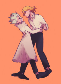 2boys black_pants blonde_hair coat collared_shirt danbingkelp dancing dr._stone eye_contact full_body green_hair hand_on_another&#039;s_back hand_on_another&#039;s_waist highres holding_hands ishigami_senkuu jewelry long_sleeves looking_at_another male_focus medium_hair multiple_boys nanami_ryuusui orange_background pants shirt shoes short_hair smile spiked_hair white_coat white_shirt yaoi