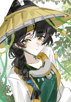 Rule 34 | 1girl, black hair, brown hat, chinese commentary, chinstrap, closed mouth, coat, commentary request, cone hair bun, double bun, green headband, green robe, hair bun, hat, headband, highres, jingshen kongji, leaf, liang yue (reverse:1999), long braid, looking at viewer, official alternate costume, reverse:1999, rice hat, robe, sketch, solo, upper body, white background, white coat, yellow eyes