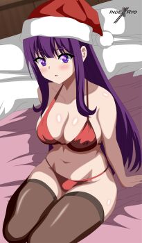 Rule 34 | 1girl, absurdres, bare shoulders, bikini, black thighhighs, blush, breasts, commentary, embarrassed, english commentary, fern (sousou no frieren), hat, highres, indexryo, indoors, large breasts, long hair, looking at viewer, navel, purple eyes, purple hair, red bikini, santa bikini, santa costume, santa hat, seiza, sitting, solo, sousou no frieren, swimsuit, thighhighs