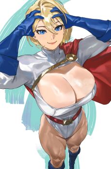 1girl absurdres belt blonde_hair blue_boots blue_eyes blue_gloves boots breasts cape cleavage cleavage_cutout clothing_cutout dc_comics gloves highleg highleg_leotard highres huge_breasts large_breasts leotard long_sleeves looking_at_viewer power_girl power_girl_(1976_costume) red_belt red_cape short_hair sleeved_leotard smile solo taiyang_yu thick_thighs thighs white_leotard