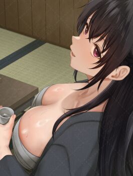 1girl :d a_mezashi black_hair breasts commentary_request cup from_behind holding holding_cup large_breasts long_hair open_mouth original purple_eyes sarashi smile solo table tatami