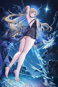 1girl arm_up armpits ass barefoot black_dress blonde_hair blue_eyes blue_hair breasts cloud cloudy_sky colored_inner_hair commentary crown_of_thorns dress earrings english_commentary feet fleurdelys_(wuthering_waves) floating_earrings from_behind full_body highres holding holding_sword holding_weapon horns huge_breasts jewelry kneepits lichiko long_hair long_horns long_legs looking_at_viewer multicolored_hair night night_sky parted_bangs parted_lips pointy_ears presenting_armpit revision ripples short_dress sidelocks single_horn sky soles solo sword tacet_mark_(wuthering_waves) toes torso_twist very_long_hair weapon wuthering_waves yellow_horns