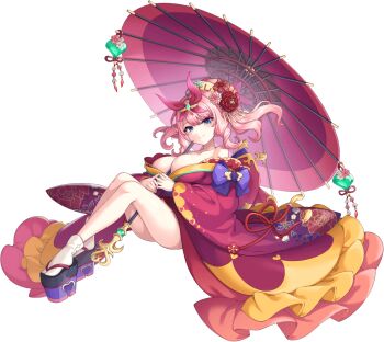 1girl artist_request bare_legs between_breasts between_legs blue_eyes breasts brynhildr_(legend_clover) cleavage floral_print flower full_body game_cg hair_flower hair_ornament highres japanese_clothes legend_clover light_smile official_alternate_costume official_art oil-paper_umbrella pink_hair pink_pupils solo third-party_source transparent_background umbrella