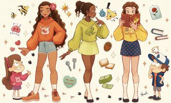 2boys 6+girls beauty_and_the_beast_(disney) belle_(disney) bill_cipher black_hair braces brother_and_sister brown_eyes brown_hair casual contemporary dark-skinned_female dark_skin dipper_pines gravity_falls hairband highres long_hair mabel_pines melchencanto moana_(movie) moana_waialiki multiple_boys multiple_girls open_mouth shirt siblings smile sweater the_princess_and_the_frog_(disney) tiana_(the_princess_and_the_frog) twins