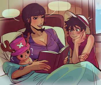 1girl 2boys antlers black_hair blue_eyes blunt_bangs blush book commentary dokidreaming hat head_rest holding holding_book horns indoors medium_hair monkey_d._luffy multiple_boys nico_robin notice_lines one_piece pink_hat purple_shirt reading red_shirt reindeer_antlers scar scar_on_face shirt short_hair sleeveless sleeveless_shirt smile straw_hat tony_tony_chopper