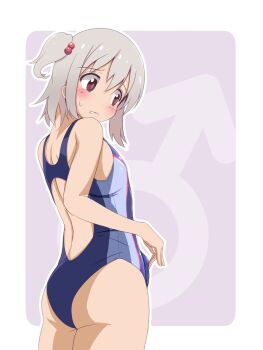 1boy ass bare_arms bare_shoulders blush border brown_eyes bulge commentary cowboy_shot crossdressing crossdressing_(mtf) grey_hair hair_between_eyes hair_bobbles hair_ornament highres male_focus one_side_up onii-chan_wa_oshimai! outline outside_border purple_background senkawa_minato simple_background solo sweatdrop trap unkimo white_border white_outline