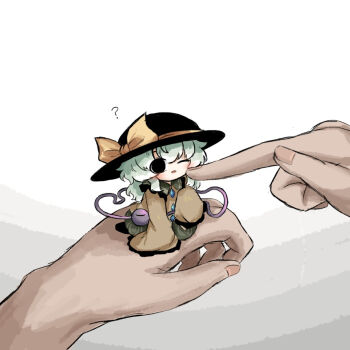 1girl ? black_eyes black_hat chibi chibi_only commentary_request contrast_collar full_body green_hair hair_between_eyes hat hat_ribbon heripantomorrow komeiji_koishi long_sleeves mini_person minigirl one_eye_closed parted_lips pov ribbon shirt third_eye touhou wide_sleeves yellow_ribbon yellow_shirt