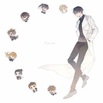 Rule 34 | 1boy, black hair, black shirt, bloom, breathing742105, coat, collared shirt, english text, full body, han sooyoung, hands in pockets, highres, jung heewon, lee gilyoung, lee hyunsung, lee jihye, mini person, miniboy, minigirl, omniscient reader's viewpoint, open clothes, open coat, shin yoosung, shirt, short hair, smile, standing, standing on one leg, white coat, yoo joonghyuk, yoo sangah