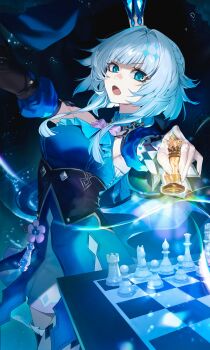 Rule 34 | 1girl, absurdres, bishop (chess), blue dress, blue eyes, blue hair, board game, breasts, cerydra (honkai: star rail), chess, chess piece, chessboard, crown, dress, fingernails, hair intakes, highres, holding, holding chess piece, honkai: star rail, honkai (series), king (chess), knight (chess), koret owo, long hair, long sleeves, looking at viewer, mini crown, pawn (chess), puffy long sleeves, puffy sleeves, queen (chess), rook (chess), solo