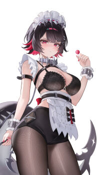 1girl :< absurdres adapted_costume apron arm_belt black_bra black_hair black_pantyhose black_shorts blush bra breasts candy collar colored_inner_hair ellen_joe fins fish_tail food highres holding holding_candy holding_food holding_lollipop jyn_jyn large_breasts lollipop maid_headdress metal_collar mole mole_under_eye multicolored_hair pantyhose red_hair shark_girl shark_tail short_hair shorts simple_background solo spiked_collar spikes tail underwear waist_apron white_background wrist_cuffs zenless_zone_zero