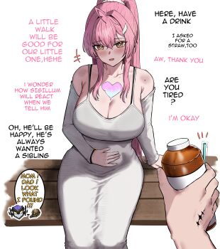 +++ 1boy 1girl 2na_(blue2na) absurdres adoptive_parent_and_adoptive_child aemeath_(wuthering_waves) ahoge alternate_breast_size_(larger) alternate_costume bare_shoulders blush bottle breasts cleavage collarbone commentary dress english_commentary english_text father_and_child father_and_daughter grey_dress hair_ornament hand_on_own_stomach highres holding holding_bottle huge_breasts inseki long_hair looking_at_viewer male_rover_(wuthering_waves) mole mole_on_shoulder on_bench open_mouth orange_eyes parent_and_child pink_hair ponytail pov pov_hands pregnant rover_(wuthering_waves) sigillum_(wuthering_waves) sitting smile star-shaped_pupils star_(symbol) symbol-shaped_pupils tacet_mark_(wuthering_waves) white_background wuthering_waves