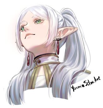 1girl artist_name capelet commentary cropped_shoulders earrings elf english_commentary eyelashes frieren green_eyes grey_hair hair_over_shoulder head_back highres jewelry long_hair long_pointy_ears looking_up parted_bangs pointy_ears simple_background smile solo sousou_no_frieren teardrop_earrings twintails twitter_username upward_angle_frieren_drawing white_background white_capelet yasminsilva