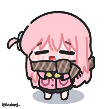 Rule 34 | 1girl, black skirt, bocchi the rock!, brown scarf, chibi, chibi only, closed eyes, coat, cold, commentary, facing viewer, full body, gotoh hitori, highres, long hair, lulalang, mittens, one side up, open mouth, pink coat, pink hair, runny nose, scarf, sick, simple background, skirt, snot, solo, standing, symbol-only commentary, white background, yellow mittens