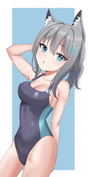 1girl absurdres animal_ear_fluff animal_ears arm_behind_head arm_up blue_archive blue_background blue_eyes blue_one-piece_swimsuit border breasts commentary_request competition_swimsuit covered_navel cowboy_shot cross_hair_ornament grey_hair hair_between_eyes hair_ornament highres long_hair looking_at_viewer medium_breasts mismatched_pupils missing_halo official_alternate_costume one-piece_swimsuit outside_border parted_lips ramkilog shiroko_(blue_archive) shiroko_(swimsuit)_(blue_archive) solo swimsuit white_border wolf_ears