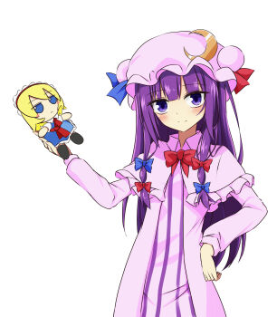 1girl absurdres alice_margatroid blue_bow blush bow bowtie capelet character_doll closed_mouth commentary_request crescent crescent_hat_ornament doll dress flat_chest fumo_(doll) hair_bow hat hat_ornament highres long_hair long_sleeves looking_at_viewer mob_cap multiple_hair_bows patchouli_knowledge pink_capelet pink_dress purple_eyes purple_hair red_bow red_bowtie simple_background smile solo striped_clothes striped_dress touhou tsuukinkaisoku_oomiya vertical-striped_clothes vertical-striped_dress white_background