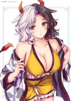 1girl absurdres animal_ears animal_print black_hair breasts collarbone covered_erect_nipples cow_ears cow_print cow_tail cowboy_shot frilled_shorts frills haori heart heart-shaped_pupils highres horns japanese_clothes large_breasts looking_at_viewer medium_hair monety multicolored_hair parted_bangs parted_lips red_eyes red_horns shorts simple_background solo split-color_hair sports_bra symbol-shaped_pupils tail third-party_source touhou two-tone_hair ushizaki_urumi white_background yellow_shorts yellow_sports_bra