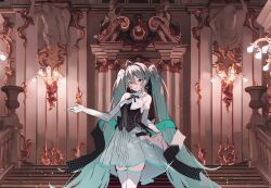 Rule 34 | 1girl, :d, ahoge, aqua eyes, aqua hair, aqua skirt, bare shoulders, black bow, black ribbon, black shirt, blush, bow, elbow gloves, gloves, hand up, hatsune miku, highres, holding, holding clothes, holding skirt, indoors, long hair, looking at viewer, open mouth, ribbon, shirt, skirt, sleeveless, sleeveless shirt, smile, solo, soukou makura, stairs, standing, thighhighs, twintails, very long hair, vocaloid, white gloves, white thighhighs, zettai ryouiki